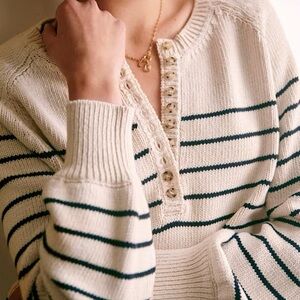 Sezane LÉONTINE JUMPER White and Black Striped Buttoned Sweater